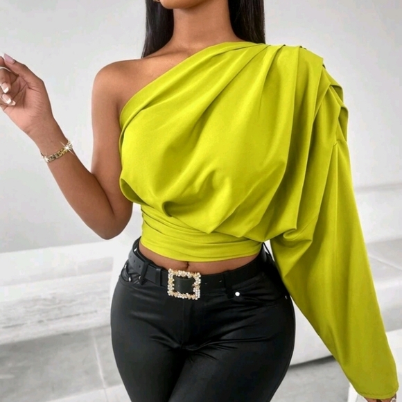 Women's One Shoulder Pleated Long Sleeve Blouse,Long Sleeve Tops - Picture 1 of 6